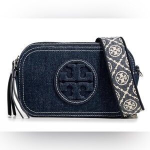 Tory Burch Denim Camera Crossbody Bag with Signature Strap - Navy